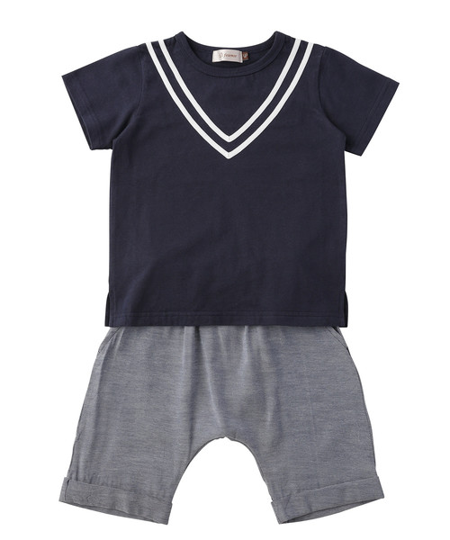 D.fesense（ディーフェセンス）の「【D.fesense /ディーフェセンス】マリンＴ＆ショートパンツセット（ロンパース・キッズ・オフホワイト/ネイビー・100cm/110cm/80ｃｍ/90cm）」の2枚目の写真