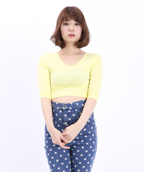 WEGO（ウィゴー）の「WEGO/タイト7分袖Tシャツ（Tシャツ/カットソー・レディース・オフホワイト/ブラック/ライトパープル/ライトイエロー・FREE）」の4枚目の写真