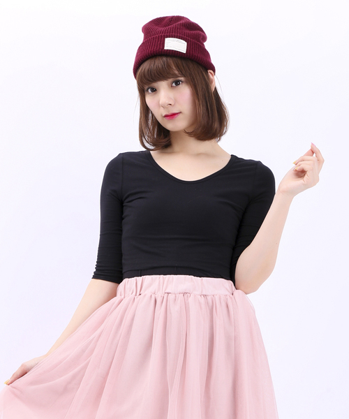 WEGO（ウィゴー）の「WEGO/タイト7分袖Tシャツ（Tシャツ/カットソー・レディース・オフホワイト/ブラック/ライトパープル/ライトイエロー・FREE）」の3枚目の写真