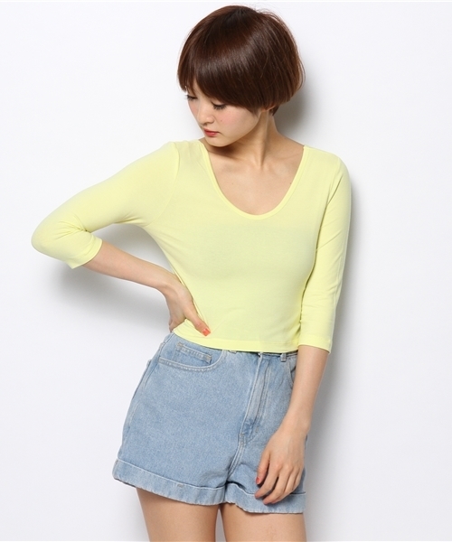 WEGO（ウィゴー）の「WEGO/タイト7分袖Tシャツ（Tシャツ/カットソー・レディース・オフホワイト/ブラック/ライトパープル/ライトイエロー・FREE）」の14枚目の写真