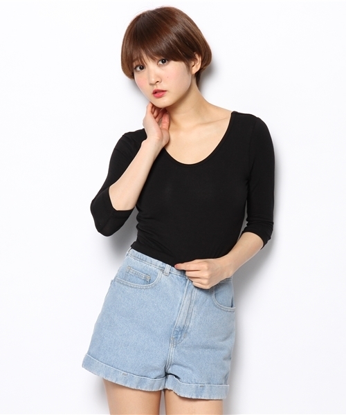 WEGO（ウィゴー）の「WEGO/タイト7分袖Tシャツ（Tシャツ/カットソー・レディース・オフホワイト/ブラック/ライトパープル/ライトイエロー・FREE）」の12枚目の写真