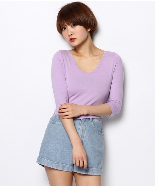 WEGO（ウィゴー）の「WEGO/タイト7分袖Tシャツ（Tシャツ/カットソー・レディース・オフホワイト/ブラック/ライトパープル/ライトイエロー・FREE）」の13枚目の写真