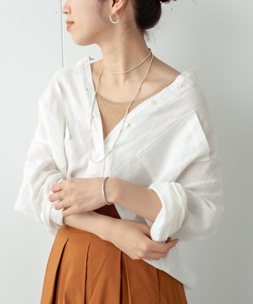 Omekashi（オメカシ）の「リネンノーカラー2WAYシャツ（シャツ/ブラウス・レディース・ブラウン/オフホワイト/ピンク/ブラック/オレンジ・FREE）」の2枚目の写真