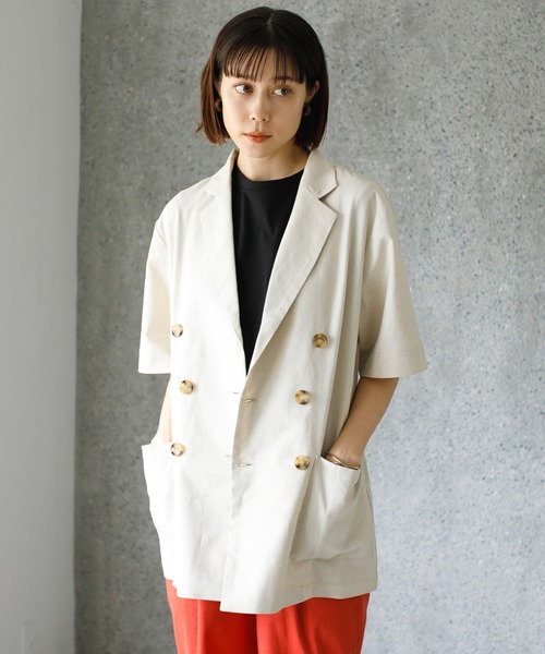 koe（コエ）の「リネン混ダブルジャケット＊（テーラードジャケット・レディース・ブラック/グレイッシュベージュ/ベージュ系その他・SMALL/MEDIUM）」の2枚目の写真