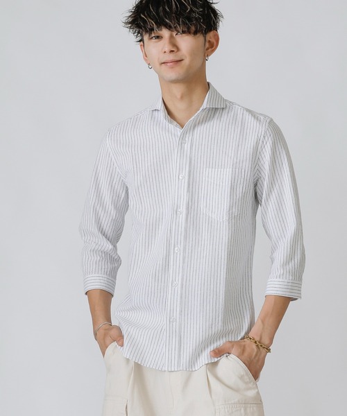 Beno(ビーノ)の「コットンリネン ストライプ ホリゾンタルカラー 7分袖シャツ(シャツ/ブラウス・メンズ・オフホワイト/ライトベージュ/ブルー・M/L/LL)」の1枚目の写真
