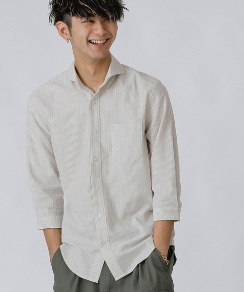 Beno(ビーノ)の「コットンリネン ストライプ ホリゾンタルカラー 7分袖シャツ(シャツ/ブラウス・メンズ・オフホワイト/ライトベージュ/ブルー・M/L/LL)」の2枚目の写真
