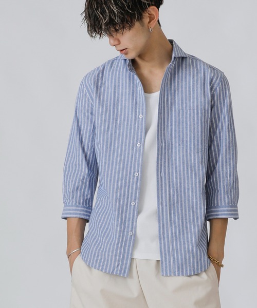 Beno(ビーノ)の「コットンリネン ストライプ ホリゾンタルカラー 7分袖シャツ(シャツ/ブラウス・メンズ・オフホワイト/ライトベージュ/ブルー・M/L/LL)」の3枚目の写真