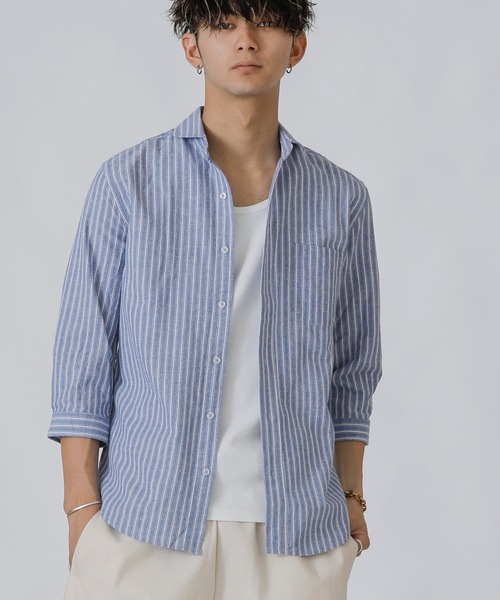 Beno(ビーノ)の「コットンリネン ストライプ ホリゾンタルカラー 7分袖シャツ(シャツ/ブラウス・メンズ・オフホワイト/ライトベージュ/ブルー・M/L/LL)」の4枚目の写真