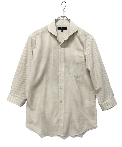Beno(ビーノ)の「コットンリネン ストライプ ホリゾンタルカラー 7分袖シャツ(シャツ/ブラウス・メンズ・オフホワイト/ライトベージュ/ブルー・M/L/LL)」の9枚目の写真