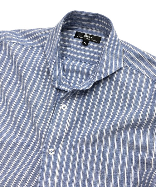 Beno(ビーノ)の「コットンリネン ストライプ ホリゾンタルカラー 7分袖シャツ(シャツ/ブラウス・メンズ・オフホワイト/ライトベージュ/ブルー・M/L/LL)」の11枚目の写真
