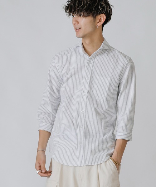 Beno(ビーノ)の「コットンリネン ストライプ ホリゾンタルカラー 7分袖シャツ(シャツ/ブラウス・メンズ・オフホワイト/ライトベージュ/ブルー・M/L/LL)」の19枚目の写真
