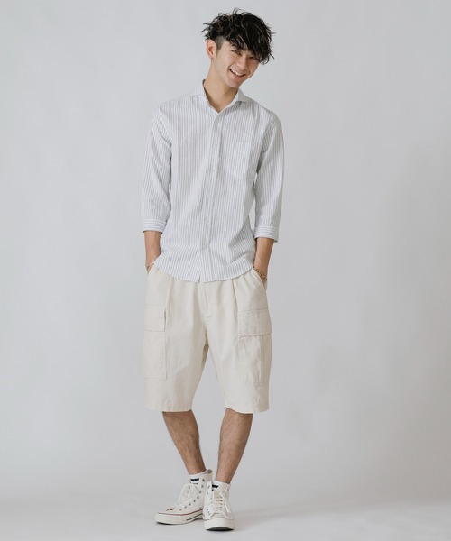 Beno(ビーノ)の「コットンリネン ストライプ ホリゾンタルカラー 7分袖シャツ(シャツ/ブラウス・メンズ・オフホワイト/ライトベージュ/ブルー・M/L/LL)」の21枚目の写真
