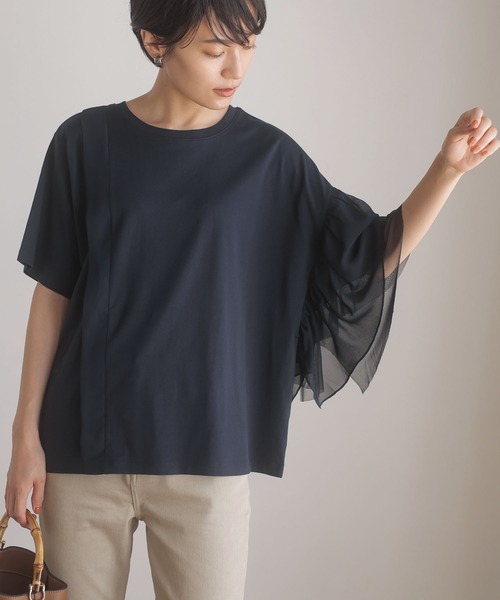 AMERICAN HOLIC(アメリカンホリック)の「ショルダーフリルカットプルオーバー(Tシャツ/カットソー・レディース・ネイビー/オフホワイト・L/M)」の2枚目の写真