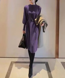 ベルト付き　ハイネックロングニットワンピース