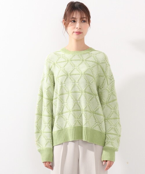 DRESKIP（ドレスキップ）の「◆ダイヤ柄ニット（ニット/セーター・レディース・オフホワイト/ダークグレー/黄緑系・04/02/03）」の4枚目の写真
