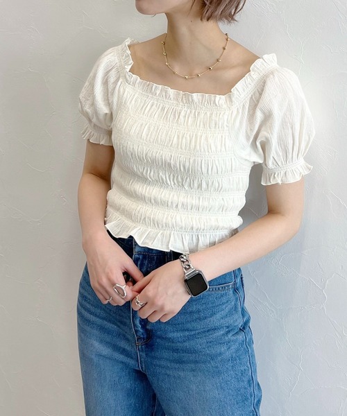 mysty woman(ミスティウーマン)の「無地/チェック柄ショートブラウス 294691(シャツ/ブラウス・レディース・ブラック/アイボリー/グリーン系/イエロー系・FREE)」の2枚目の写真