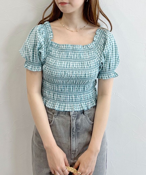 mysty woman(ミスティウーマン)の「無地/チェック柄ショートブラウス 294691(シャツ/ブラウス・レディース・ブラック/アイボリー/グリーン系/イエロー系・FREE)」の12枚目の写真