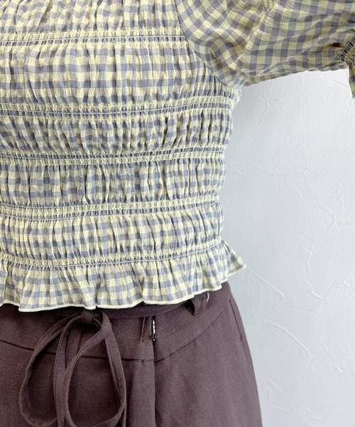 mysty woman(ミスティウーマン)の「無地/チェック柄ショートブラウス 294691(シャツ/ブラウス・レディース・ブラック/アイボリー/グリーン系/イエロー系・FREE)」の9枚目の写真