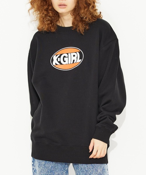 X-girl(エックスガール)の「OVAL LOGO CREW SWEAT TOP(スウェット・レディース・ホワイト/ブラック/アッシュ・S/M/L/XL)」の1枚目の写真