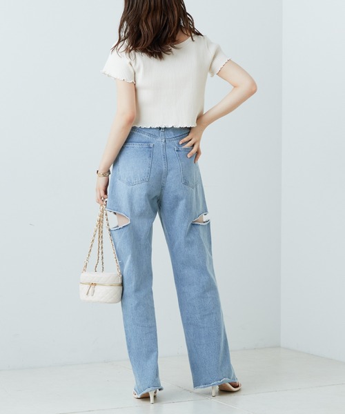 Diesel 青いリブ編みショート丈トップス Chico（チコ）の「5分袖プレート付きショート丈リブトップス