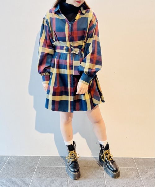 Harriss タフタ チェック ウエストタック ワンピース