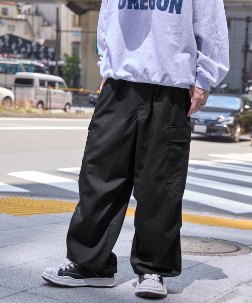 ワイドテーパード 裾ドローコード タックミリタリーカーゴパンツ MONO