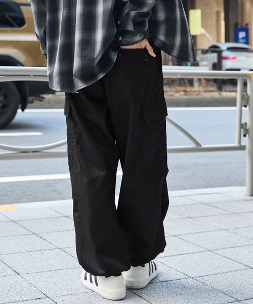 ワイドテーパード 裾ドローコード タックミリタリーカーゴパンツ