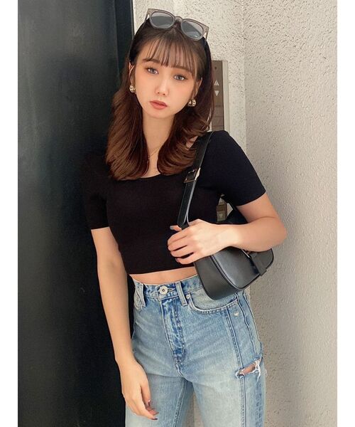 GYDA（ジェイダ）の「カップ付きハーフスリーブバッククロステレコTOPS（Tシャツ/カットソー・レディース・ブラック/オフホワイト・FREE）」の9枚目の写真