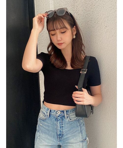 GYDA（ジェイダ）の「カップ付きハーフスリーブバッククロステレコTOPS（Tシャツ/カットソー・レディース・ブラック/オフホワイト・FREE）」の16枚目の写真