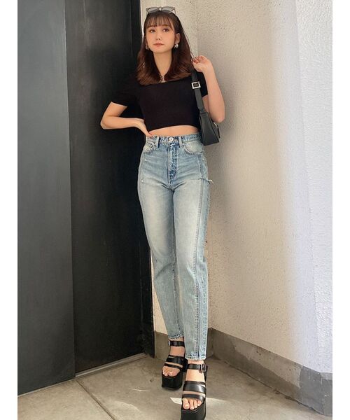 GYDA（ジェイダ）の「カップ付きハーフスリーブバッククロステレコTOPS（Tシャツ/カットソー・レディース・ブラック/オフホワイト・FREE）」の7枚目の写真