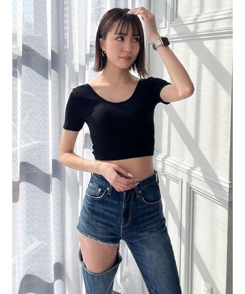 GYDA（ジェイダ）の「カップ付きハーフスリーブバッククロステレコTOPS（Tシャツ/カットソー・レディース・ブラック/オフホワイト・FREE）」の3枚目の写真