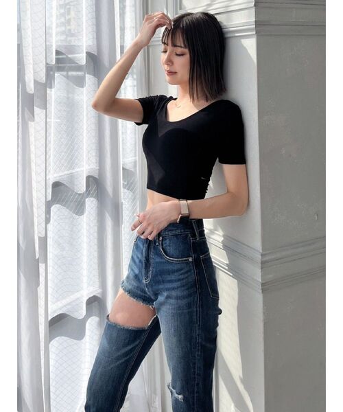 GYDA（ジェイダ）の「カップ付きハーフスリーブバッククロステレコTOPS（Tシャツ/カットソー・レディース・ブラック/オフホワイト・FREE）」の14枚目の写真