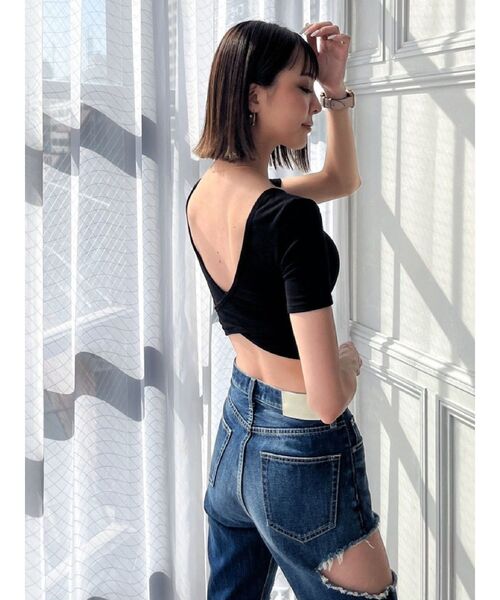 GYDA（ジェイダ）の「カップ付きハーフスリーブバッククロステレコTOPS（Tシャツ/カットソー・レディース・ブラック/オフホワイト・FREE）」の18枚目の写真