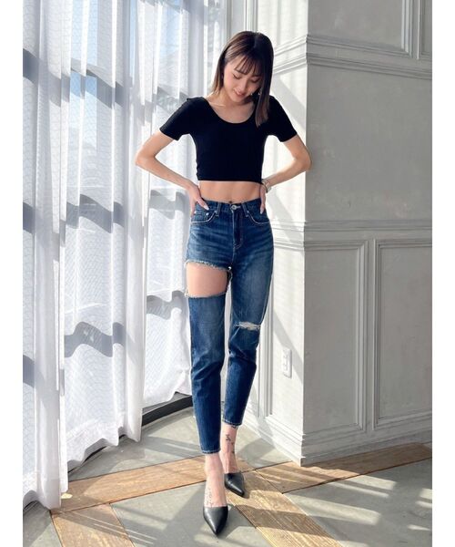 GYDA（ジェイダ）の「カップ付きハーフスリーブバッククロステレコTOPS（Tシャツ/カットソー・レディース・ブラック/オフホワイト・FREE）」の12枚目の写真