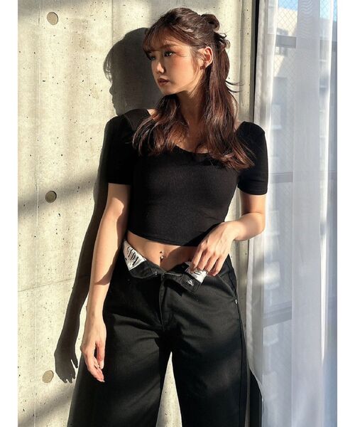 GYDA（ジェイダ）の「カップ付きハーフスリーブバッククロステレコTOPS（Tシャツ/カットソー・レディース・ブラック/オフホワイト・FREE）」の6枚目の写真