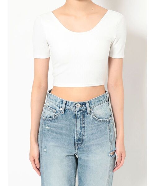 GYDA（ジェイダ）の「カップ付きハーフスリーブバッククロステレコTOPS（Tシャツ/カットソー・レディース・ブラック/オフホワイト・FREE）」の20枚目の写真