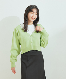 スポンジニットパフ袖ショートカーディガン