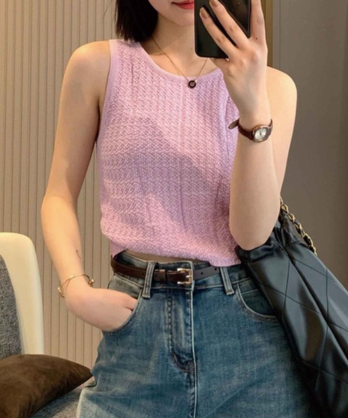 SPIGA（スピーガ）の「ｶｷﾞ針編みﾀﾝｸﾄｯﾌﾟ（タンクトップ・レディース・パープル/ホワイト/ブラウン/ブラック・FREE）」の4枚目の写真