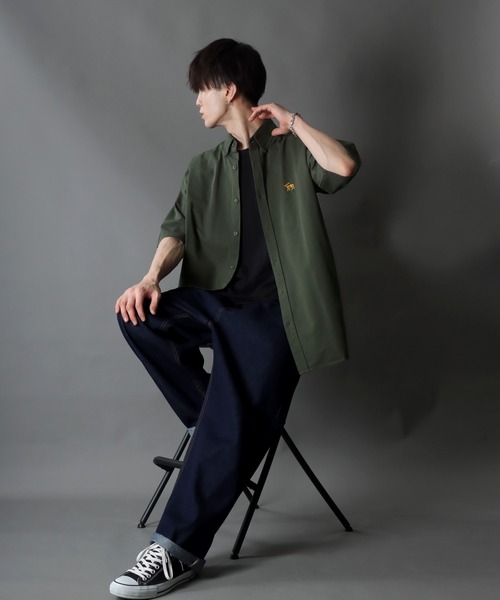 SITRY（シトリー）の「Oversize Drop shoulder short sleeve BD shirt/オーバーサイズ ドロップショルダー 半袖 ボタンダウン シャツ（シャツ/ブラウス・メンズ・ブラック/グリーン/インディゴブルー/ベージュ/ネイビー・M/LL/L）」の9枚目の写真