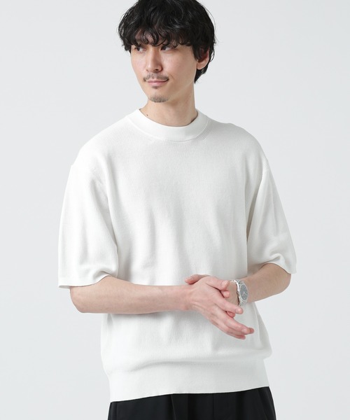 NANO universe(ナノユニバース)の「LB.03/ハイツイストコットン片畦編み五分袖ワイドニット(ニット/セーター・メンズ・オフホワイト/ダークブルー/オレンジ・L/S/M)」の4枚目の写真