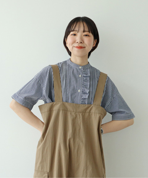 45rpmフリル付きブラウン・ホワイトチェックシャツ チェック柄フリルCD