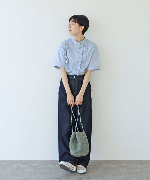 グランジウォッシュ/ギンガムチェック 前立てフリルブラウス（シャツ