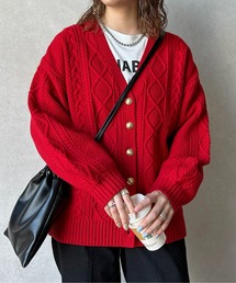 Vネックケーブルニット金ボタンカーディガン