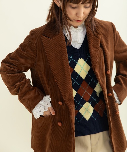CHILD WOMAN（チャイルドウーマン）の「8Wコーデュロイ ディアモイスト ダブル釦ジャケット（テーラードジャケット・レディース・ネイビー/ブラウン・FREE）」の11枚目の写真