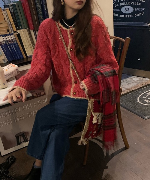 HALEY PESCA（ヘーリーペスカ）の「HALEY PESCA/【ハートボタン】ラウンドネック　ミックスカラーカーディガン（カーディガン/ボレロ・レディース・グリーン/ピンク/レッド/オレンジ・FREE）」の11枚目の写真