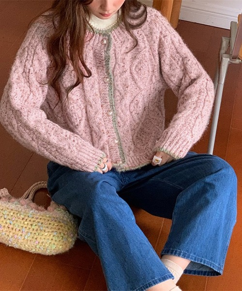 HALEY PESCA（ヘーリーペスカ）の「HALEY PESCA/【ハートボタン】ラウンドネック　ミックスカラーカーディガン（カーディガン/ボレロ・レディース・グリーン/ピンク/レッド/オレンジ・FREE）」の8枚目の写真