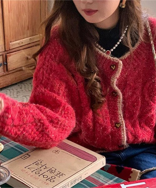 HALEY PESCA（ヘーリーペスカ）の「HALEY PESCA/【ハートボタン】ラウンドネック　ミックスカラーカーディガン（カーディガン/ボレロ・レディース・グリーン/ピンク/レッド/オレンジ・FREE）」の12枚目の写真