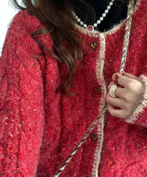 HALEY PESCA（ヘーリーペスカ）の「HALEY PESCA/【ハートボタン】ラウンドネック　ミックスカラーカーディガン（カーディガン/ボレロ・レディース・グリーン/ピンク/レッド/オレンジ・FREE）」の13枚目の写真