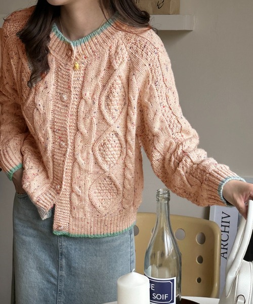 HALEY PESCA（ヘーリーペスカ）の「HALEY PESCA/【ハートボタン】ラウンドネック　ミックスカラーカーディガン（カーディガン/ボレロ・レディース・グリーン/ピンク/レッド/オレンジ・FREE）」の15枚目の写真