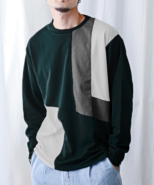 LUXSTYLE(ラグスタイル)の「ポンチブロック切替ロンT(Tシャツ/カットソー・メンズ・グリーン/ホワイト/ブラック・L/M)」の1枚目の写真